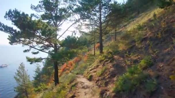 Afdaling langs het pad op de steile helling van de kust op zonnige herfstdag — Stockvideo