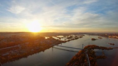 Establishing aerial view of Irkutsk city at sunset in autumn