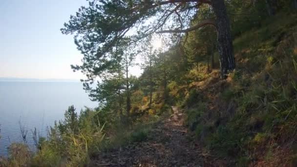 Vista da trilha ao longo da alta costa íngreme do lago Baikal — Vídeo de Stock