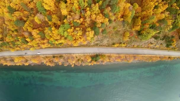 Drone desciende sobre una carretera costera donde los coches están conduciendo. Vista aérea, de arriba abajo — Vídeo de stock