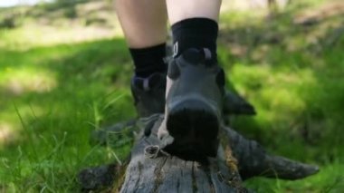 Ormanda bir kütüğün üzerinde yürüyen bir adamın ayaklarının yakın çekimi.