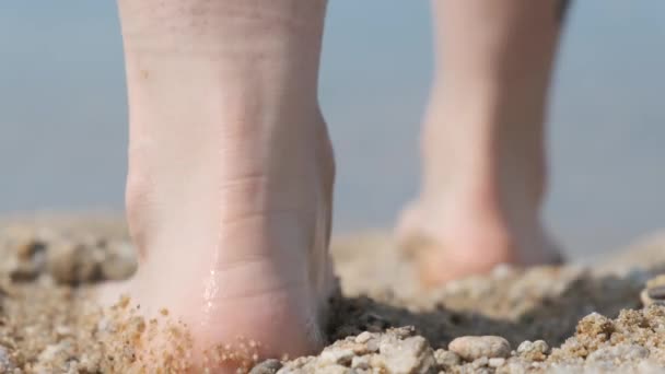 Primer plano de un hombre pies en la playa, entrando en el agua. Vista trasera — Vídeos de Stock
