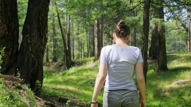 Mujer caminando en el bosque verde. Vista trasera, cámara lenta, 4K — Vídeos de Stock