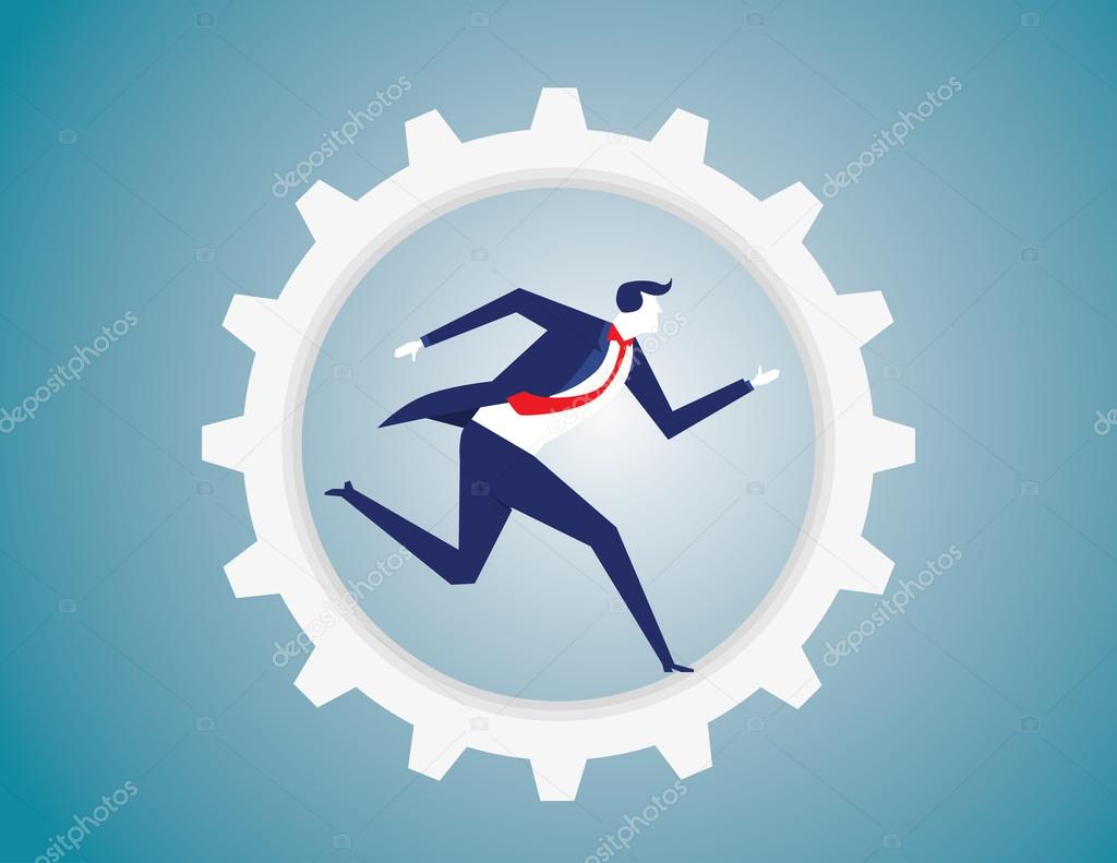 Businessman run in the gear. Bicycle gearing with running busine