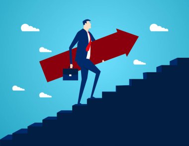 Kadar yükselen. Bir ok işareti tutan işadamı STAI kadar yükselen