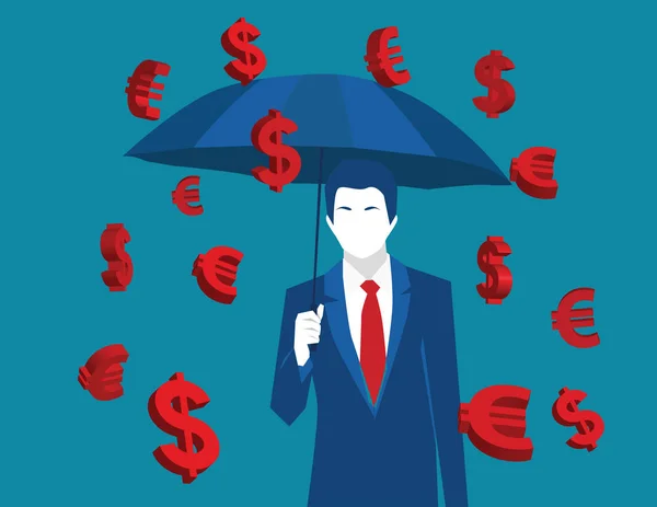 Homme d'affaires avec parapluie sous euro et signes dollar pluie. Bus — Image vectorielle