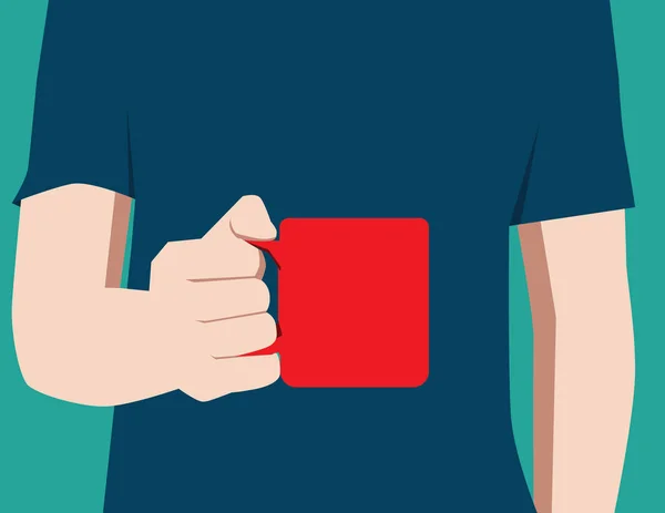 Man in blauw shirt, rode koffiemok te houden. begrip bedrijf illus — Stockvector