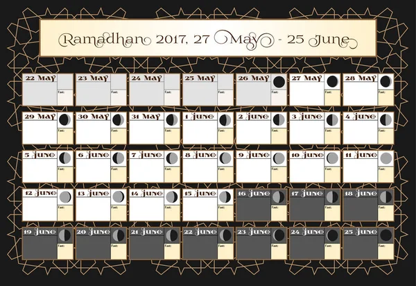 Calendario Ramadán 2017, 27 de mayo. Compruebe la fecha de elección. Incluye: calendario de garrapatas en ayunas, ciclo lunar fases, 30 días de Ramadán sobre fondo negro con patrón islámico. Ilustración vectorial — Archivo Imágenes Vectoriales