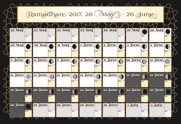 Kalendarz Ramadan 2017, 28 maja. Sprawdź wybór daty. Zawiera: na czczo zaznacz kalendarz, księżyc cykl - faz, 30 dni Ramadanu na czarnym tle z islamskim wzór. Ilustracja wektorowa — Wektor stockowy