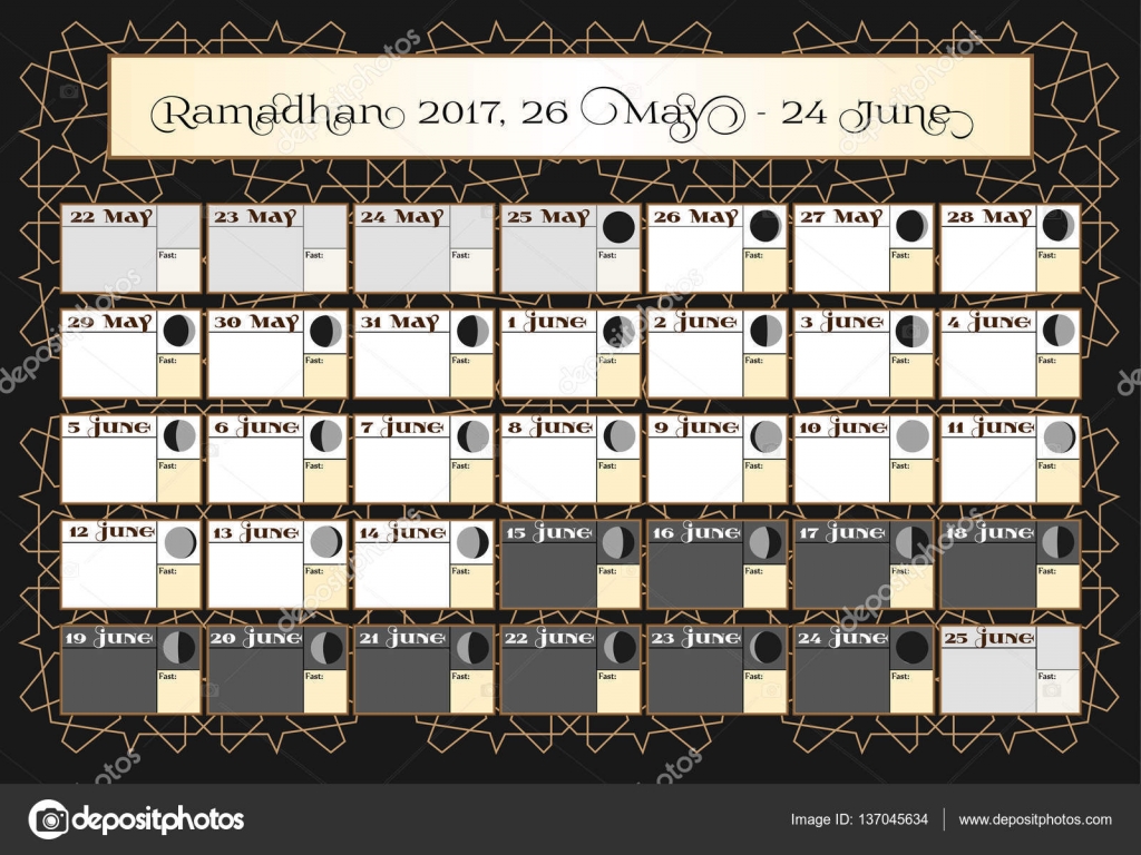 Ramadan Calendar 2017 26th May Check Date Choice Includes Fasting Tick Calendar Moon Cycle Phases 30 Days Of Ramadan On Black Background With Islamic Pattern Vector Illustration Stock Vector C V Ctoria 137045634 calendario ramadan