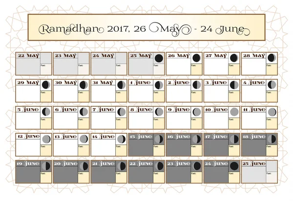 Calendário Ramadã 2017, 26 de maio. Verifique a escolha da data. Inclui: calendário de carrapatos de jejum, ciclo da lua - fases, 30 dias de Ramadã no fundo branco com padrão islâmico. Ilustração vetorial . —  Vetores de Stock