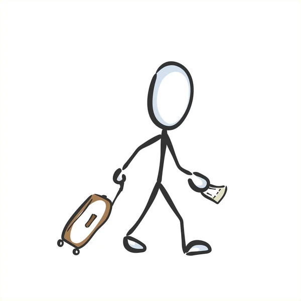 Hombre Caminando Con Maleta Billete Avión Aeropuerto Mano Dibujada Caricatura — Vector de stock