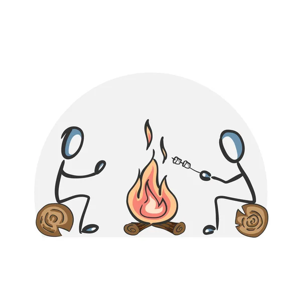 Feuerstelle Waldcamp Eibisch Picknick Auf Flamme Braten Handgezeichnet Stickman Cartoon — Stockvektor