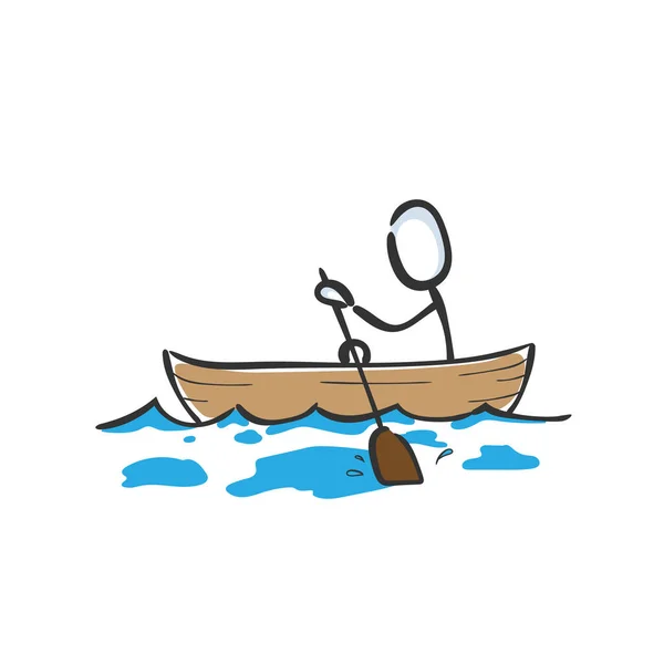 Man Paddle Boat Sea Paddle Boating Sports Hand Drawn Stickman — Stock Vector