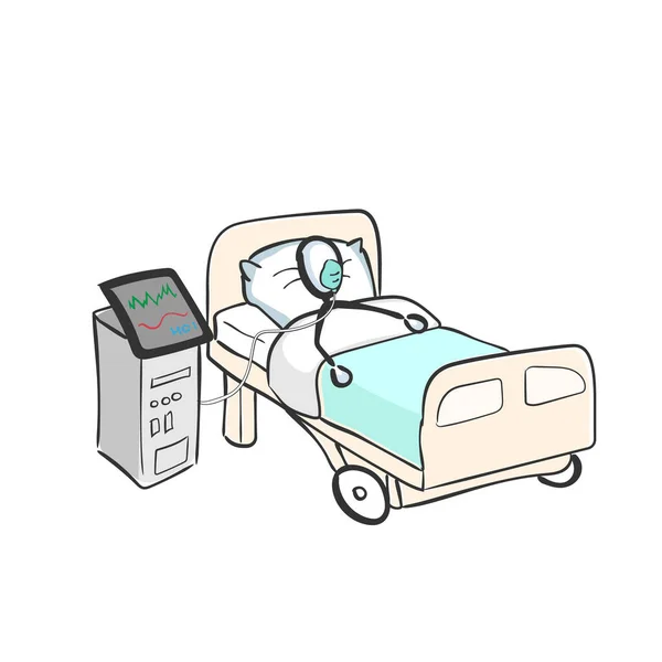 Coronavirus Sick Sick Hospital Bed Health Monitoring Hand Drawn Stickman — Stock Vector