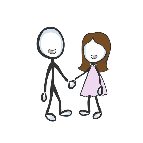 爱与幸福 情侣们手牵手站在一起 夫妻幸福的家庭 手拉手卡通片 涂鸦素描 矢量图解 家庭伴侣之爱 — 图库矢量图片