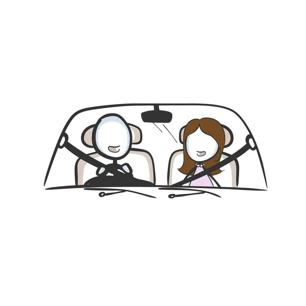 Casal Carro Conduzir Veículo Cinto Segurança Apertado Mão Desenhada Desenhos — Vetor de Stock
