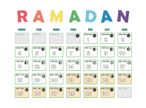 Calendário Ramadã 2020 Calendário Jejum Fases Ciclo Lunar Lua Nova — Vetor de Stock