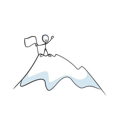 Going up the mountain. Successful achievement of a proud man. Ascend mountain peak. Standing on top of the world. Hand drawn. Stickman cartoon. Doodle sketch, Vector graphic illustration mountain peak going up vector
