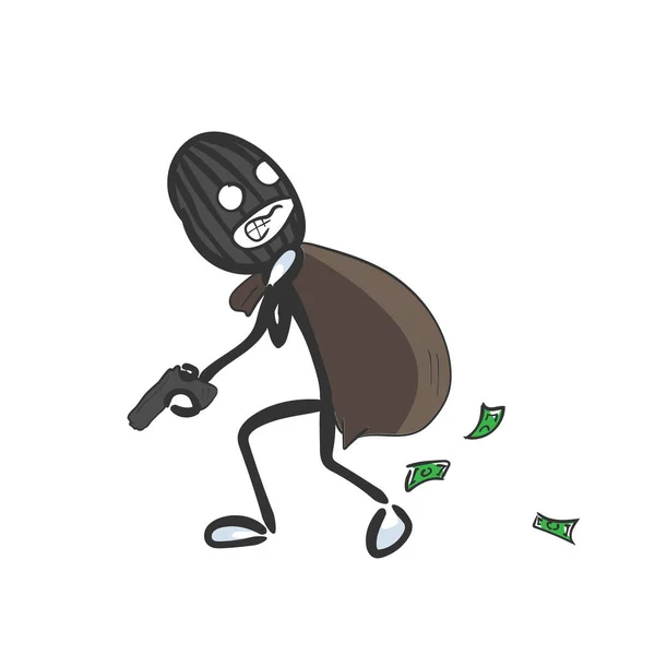 抢劫银行戴着面具带着一袋现金逃跑的罪犯 手拉手卡通片 涂鸦素描 矢量图解抢劫犯偷窃 — 图库矢量图片