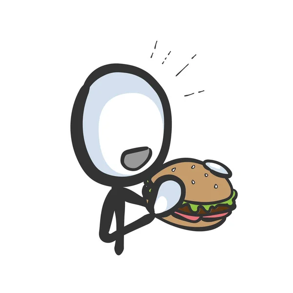ハンバーガーを食べる 不健康なファーストフード お腹が空いた 手描き スティックマン漫画 落書きスケッチ ベクトルグラフィックイラストハンバーガーファーストフードジャンク — ストックベクタ