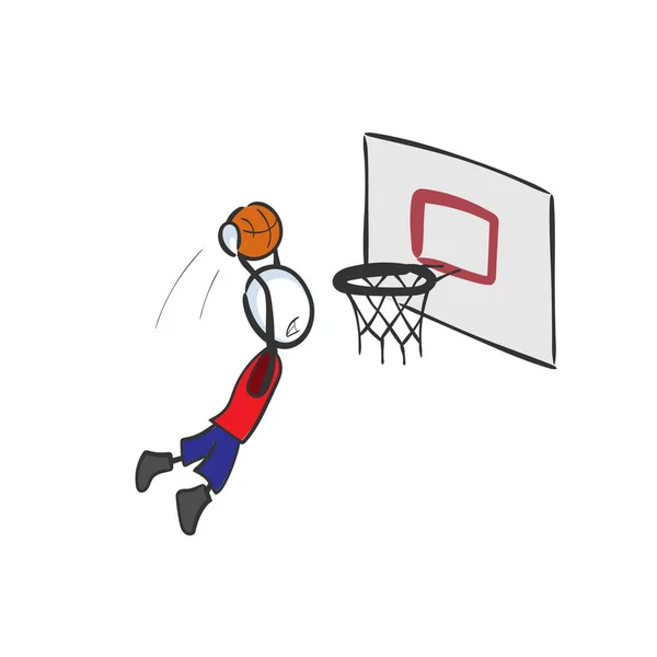 Punteggio Giocatore Basket Salto Alto Disegnato Mano Cartone Animato Stickman — Vettoriale Stock