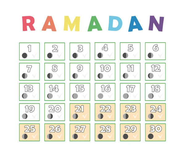 Calendario Bambini Del Ramadan Calendario Delle Zecche Digiuno Fasi Del — Vettoriale Stock