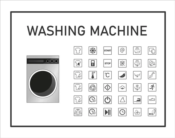 洗衣机手动图标设置 洗衣机开发手册的标志和符号 说明和职能说明 矢量孤立的图形说明 图标洗衣机 — 图库矢量图片