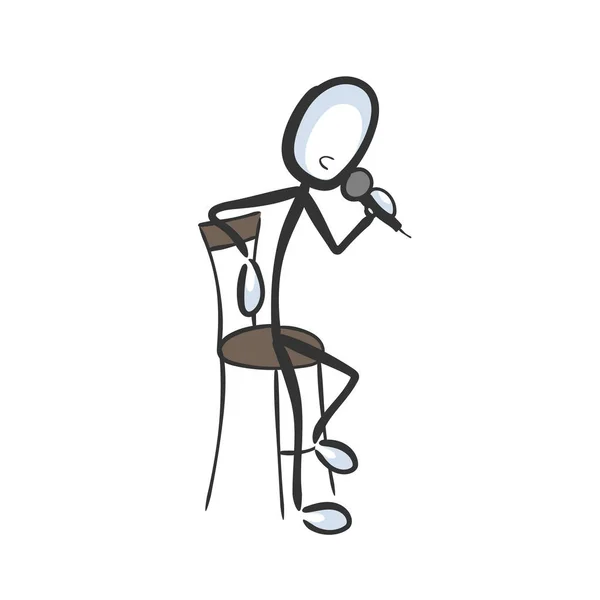 喜劇を立てなさい 聴衆に話をするスピーカー マイク付きのコメディアン 手描き スティックマン漫画 落書きスケッチ ベクトルグラフィックイラストスピーカーコメディ — ストックベクタ