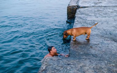 Odessa, Ukrayna. Ağustos 04, 2018. Çocuk denizde yüzüyor ve iskelede duran köpeğine sataşıyor..