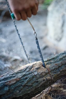 Elektrikli testere elle yapılmış. Tahta kesme işlemi. Hareket gördüm. Yürüyüş, piknik ve şömine için yakacak odun toplama konsepti. Yakacak odun