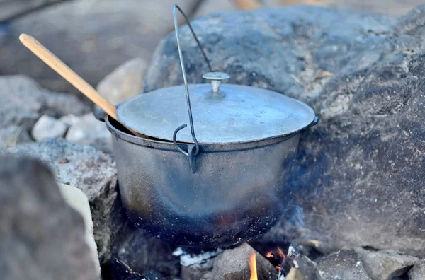 Cooking Cauldron Open Fire Preparing Food Stake Wild Camping Cook — Stock Photo, Image