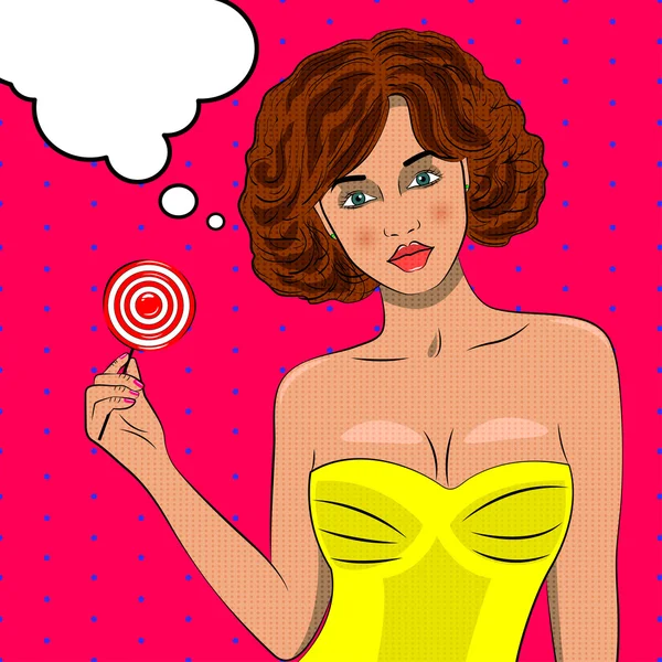 Bella ragazza pop art con caramelle . — Vettoriale Stock