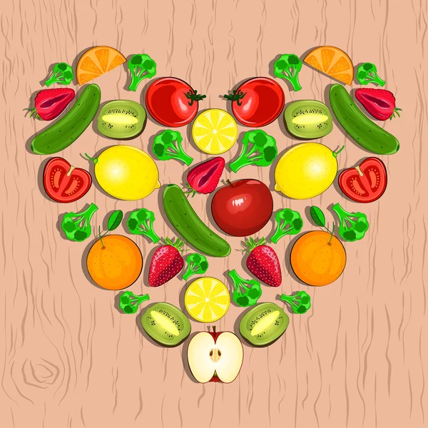 Vector heart made of fruits and vegetables. — Stock Vector