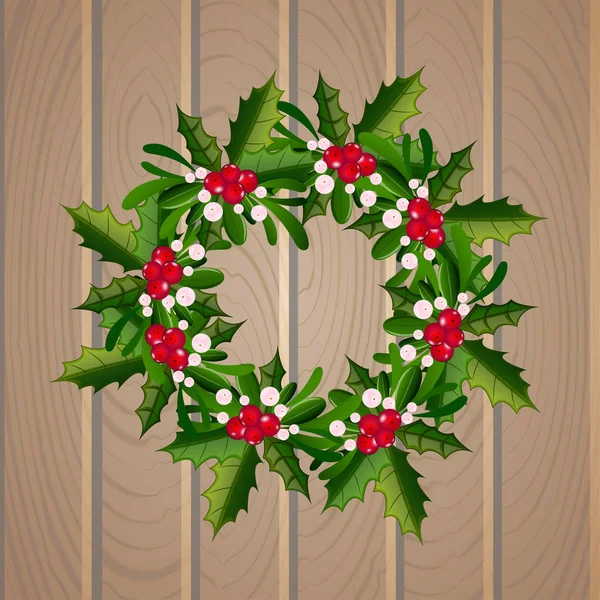 圣诞槲寄生花圈上木制背景 — 图库矢量图片