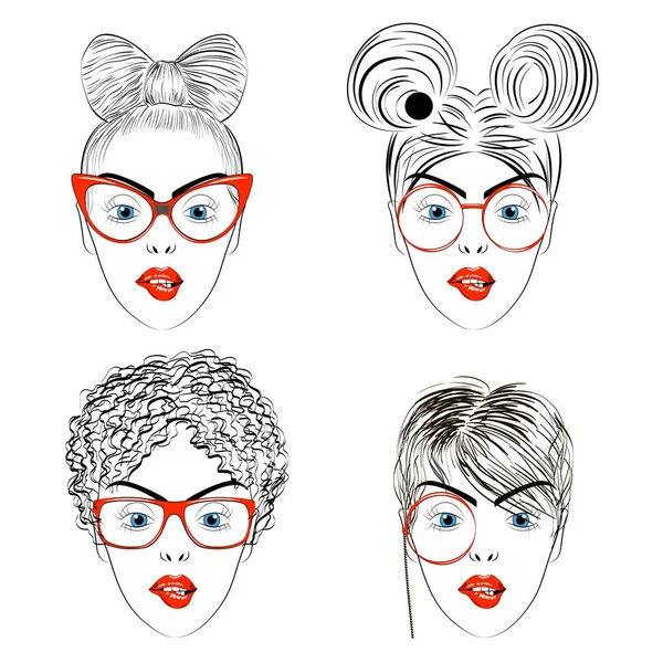 Set van tekening gezichten van de vrouwen met kapsels — Stockvector