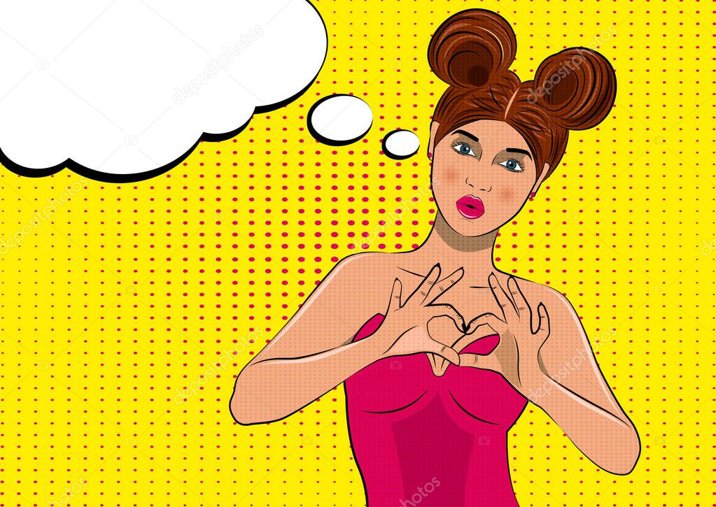 Pop art woman with hands heart sign