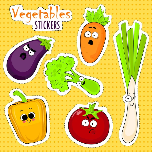 Cartoon vegetable cute characters face stickers. — Stock Vector
