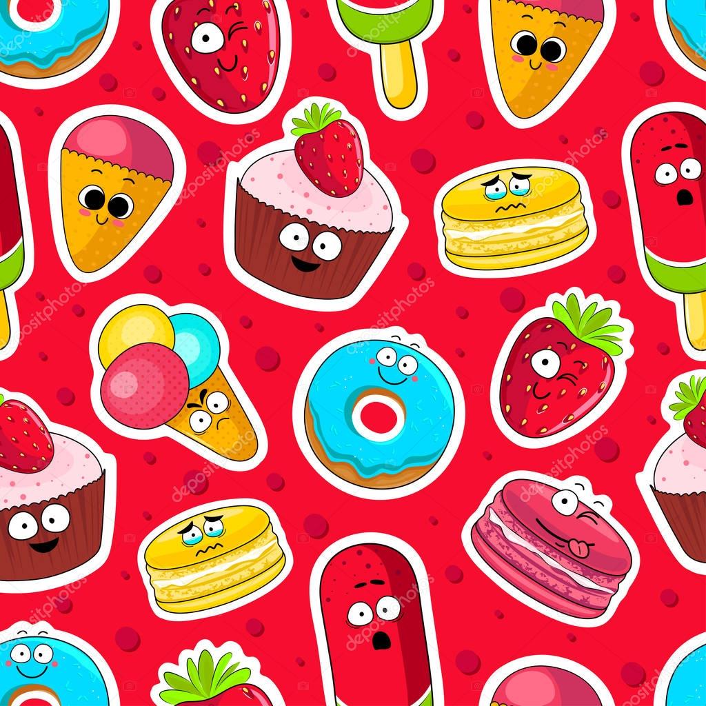 Cartoon sweets cute characters face background.