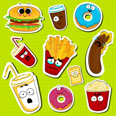 Çizgi film lokanta sevimli karakter yüz çıkartmaları.