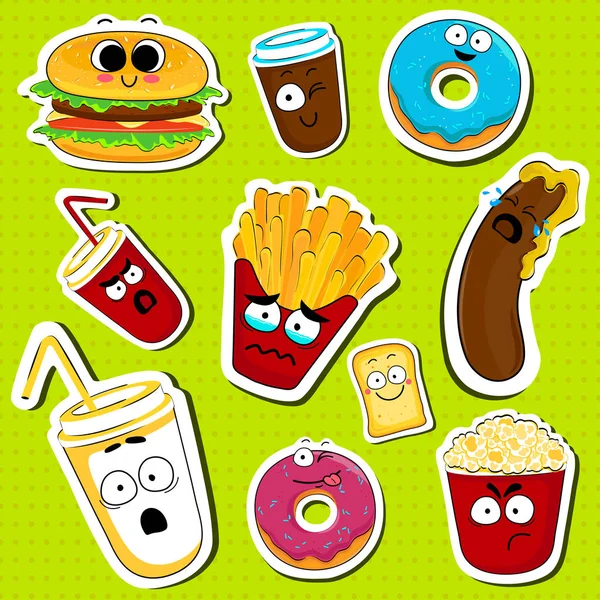 Cartoni animati fast food simpatico personaggio faccia adesivi . — Vettoriale Stock