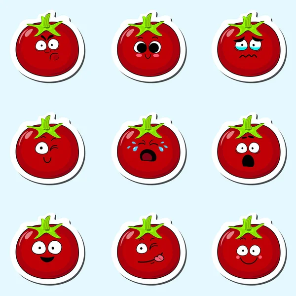 Cartoon tomaat schattig teken gezicht sticker. — Stockvector