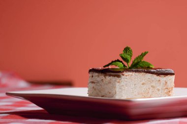 New York Cheesecake dilimi, çikolatalı ve nane şekerli, ekose arka planda bir restoranda. Tatlı tatlı