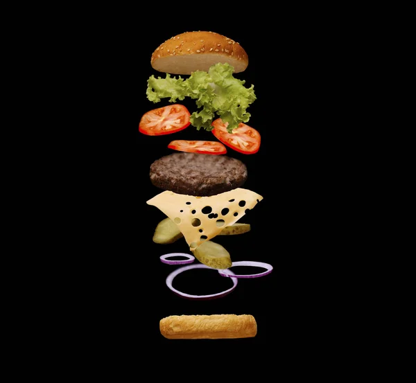 Floating layered grilled cheeseburger ingredients with a beef patty, cheese, salad on toasted bun over black background — Stock Photo, Image