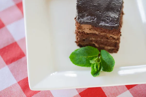 Chocolate brownie piece on white plate decorated with mint leaves served on a white plate over red plaid tablecloth. — Zdjęcie stockowe