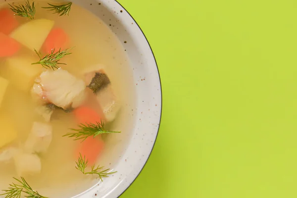 Deliciosa sopa de guiso con carne y verduras servidas en un tazón blanco sobre fondo verde brillante. Dieta saludable . — Foto de Stock