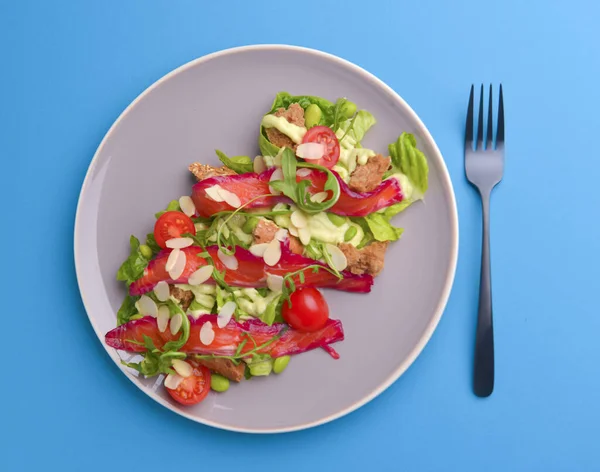 スモークサーモン、トマト、カボチャの種と新鮮なサラダ。灰色の質感の背景に灰色のプレート上で提供. — ストック写真