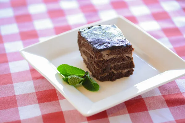 Pieza de brownie de chocolate en plato blanco decorado con hojas de menta servidas en un plato blanco sobre mantel a cuadros rojo . —  Fotos de Stock