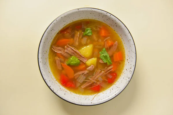 Deliciosa sopa de guiso con carne y verduras servidas en un tazón blanco sobre fondo amarillo pastel brillante. Dieta saludable . — Foto de Stock