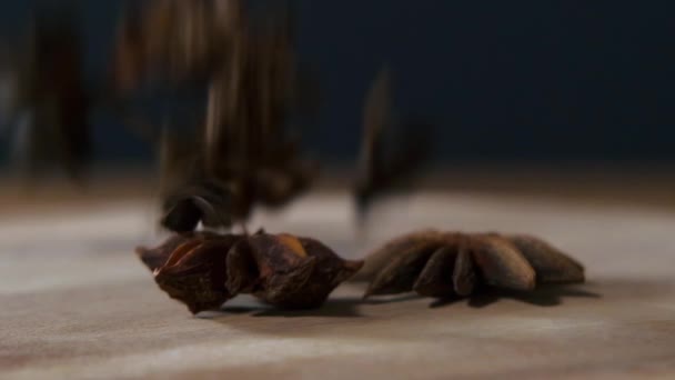 Super langzame beweging van vliegende hele ster anijs kruid. Proces voor het maken van glühwein. — Stockvideo